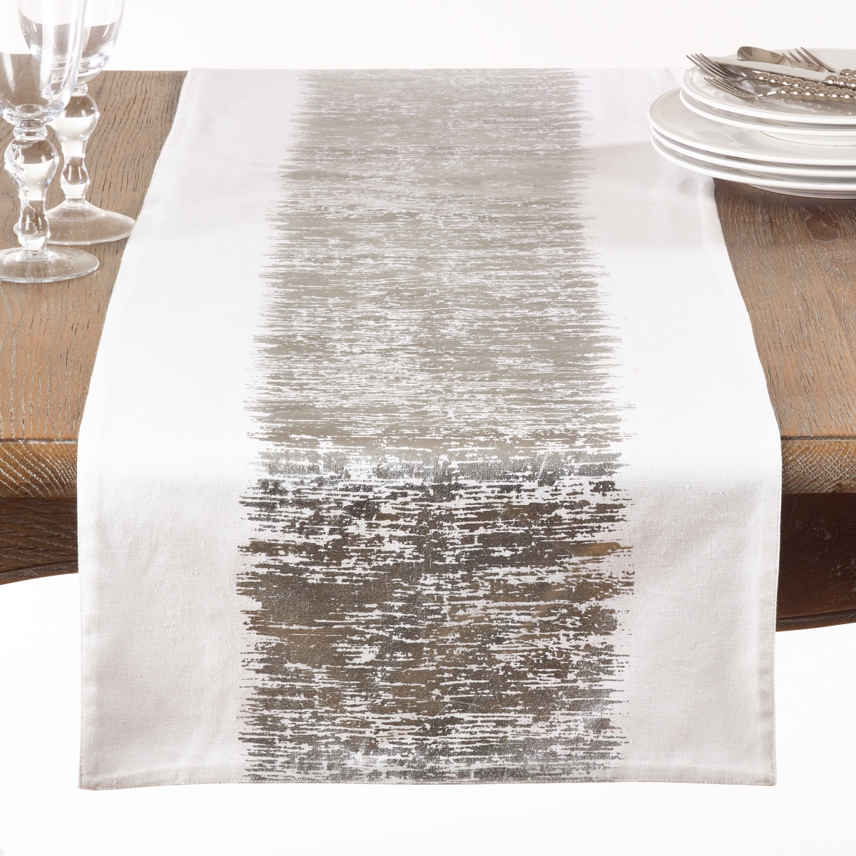 Picture of Saro Lifestyle 700.S1690B 90 in. Metallic Banded Design Cotton Table Runner, Silver