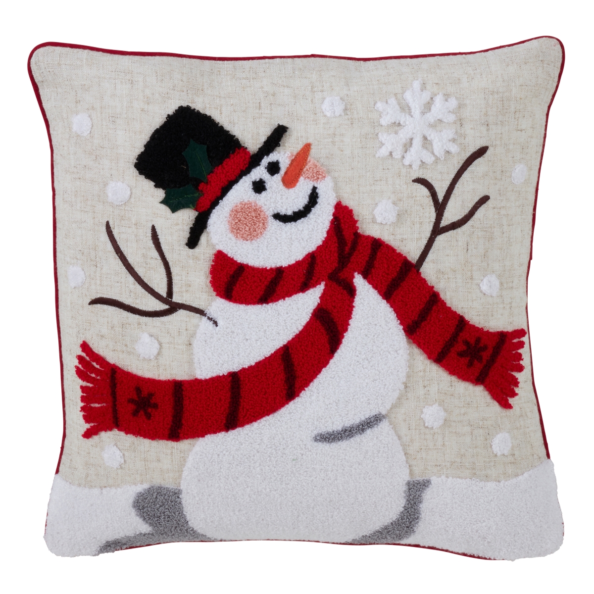 SARO  16 in. Square Poly Blend Down Filled Accent Pillow with Jolly Snowman Design - Multi Color