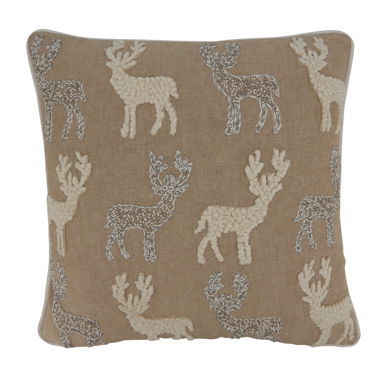 18 in. Beaded Plus Embroidered Reindeer Square Down Filled Pillow, Natural