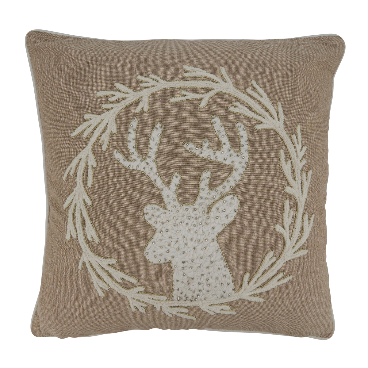 18 in. Beaded & Embroidered Reindeer Throw Pillow with Down Filling