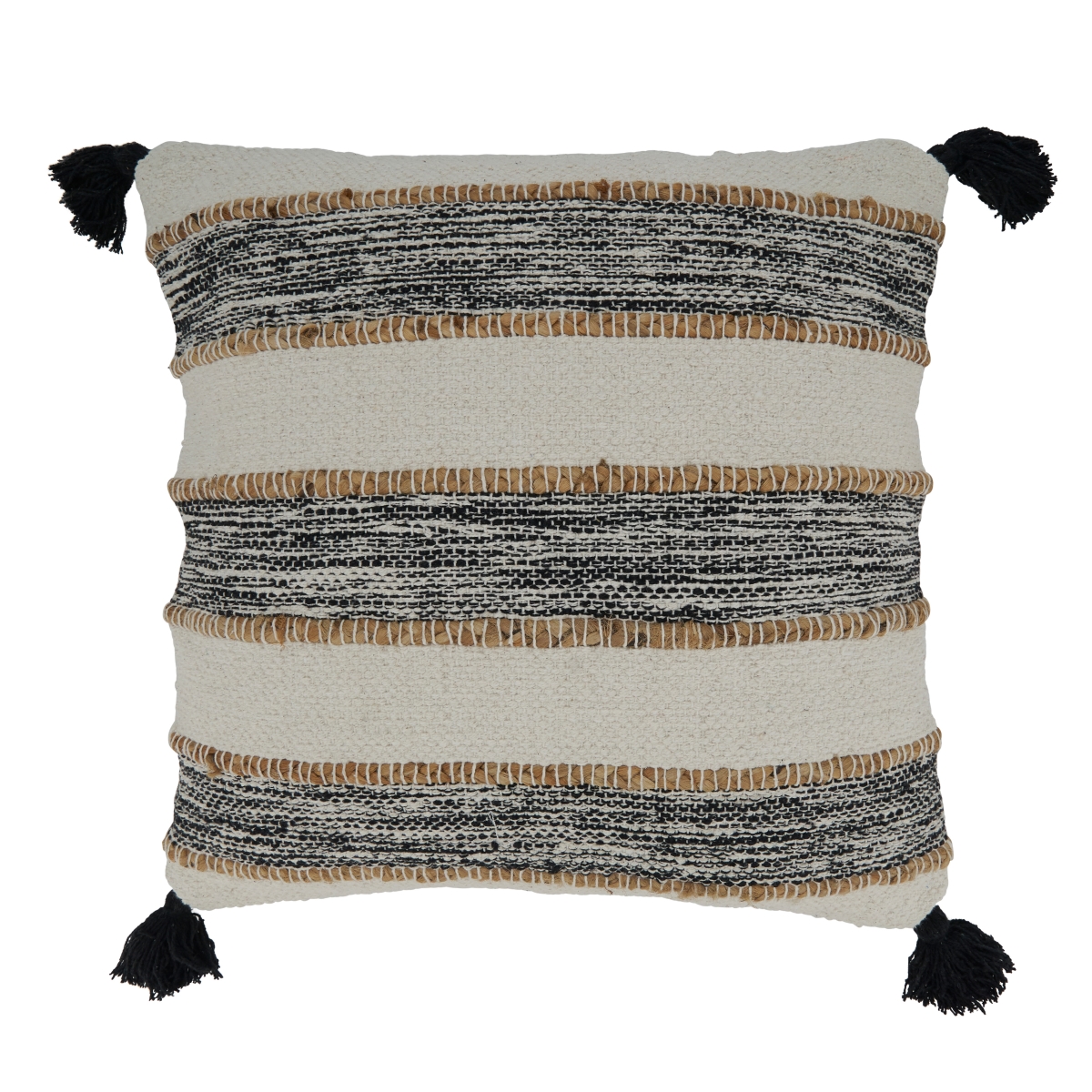 20 in. Striped Tassel Square Poly-Filled Pillow, Black & White