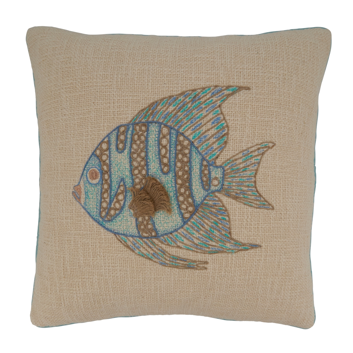 18 in. Embroidered Fish Square Pillow Cover, Aqua