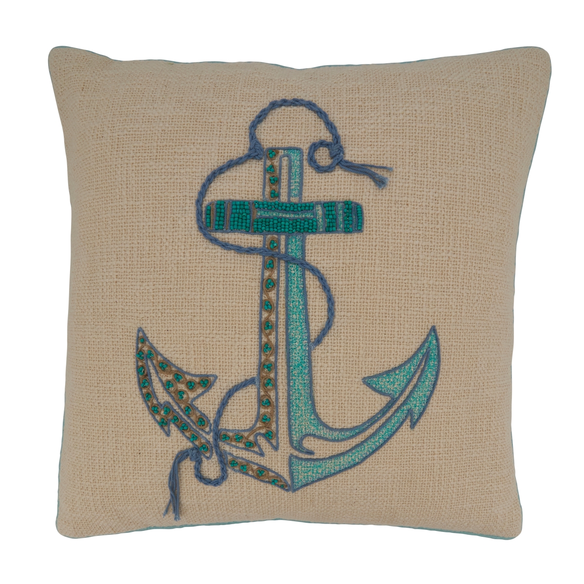 18 in. Embroidered Anchor Square Poly-Filled Pillow, Aqua