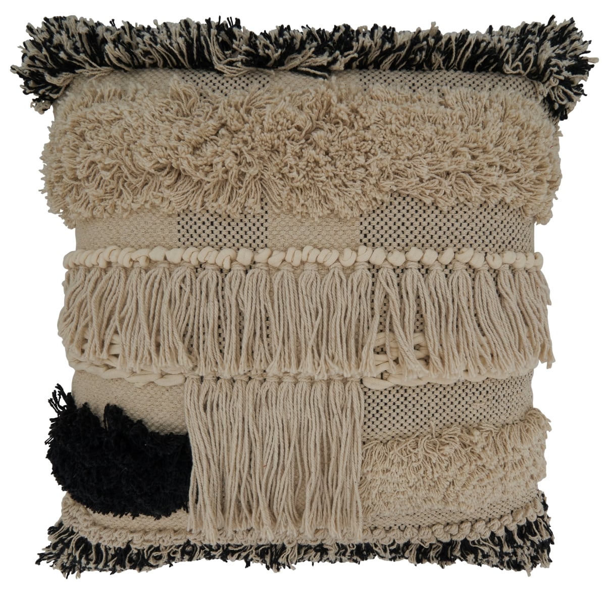 20 in. Fringe Tufted Square Down Filled Pillow, Black & White