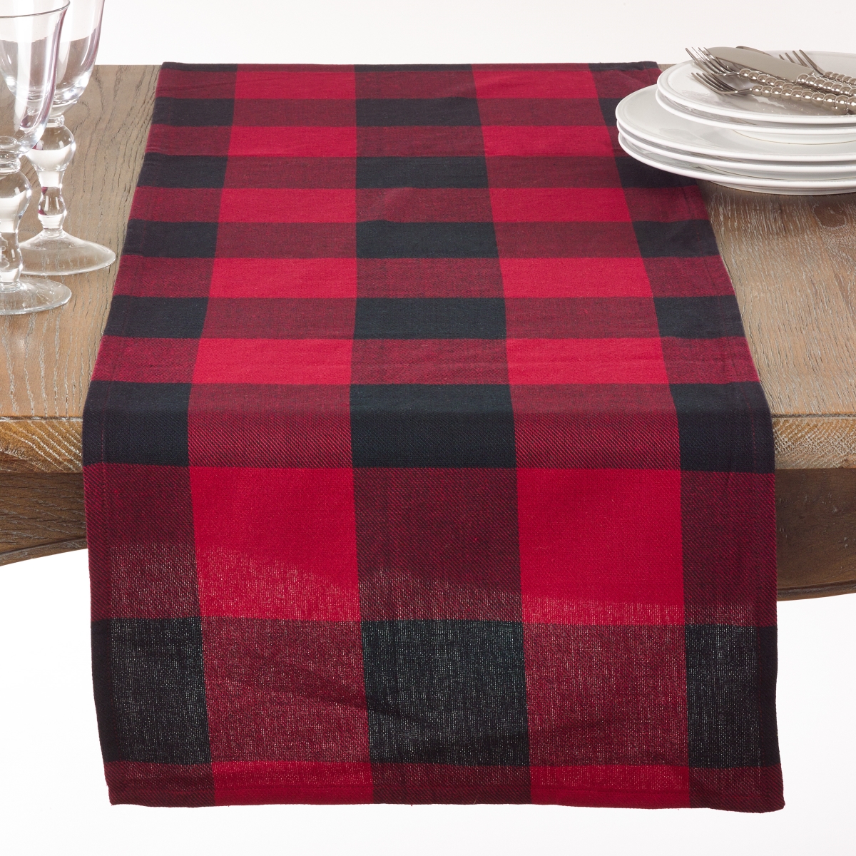 Picture of SARO 9025.R1690B 16 x 90 in. Rectangle Cotton Table Runner with Buffalo Plaid Pattern - Red