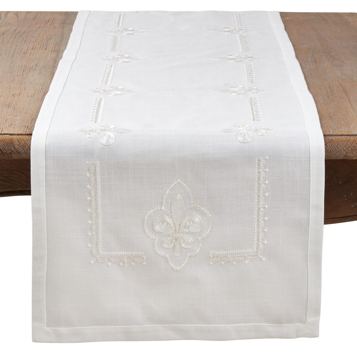 SARO  16 x 72 in. Rectangle Embroidered Table Runner with Fleur-de-Lis Design - Ivory