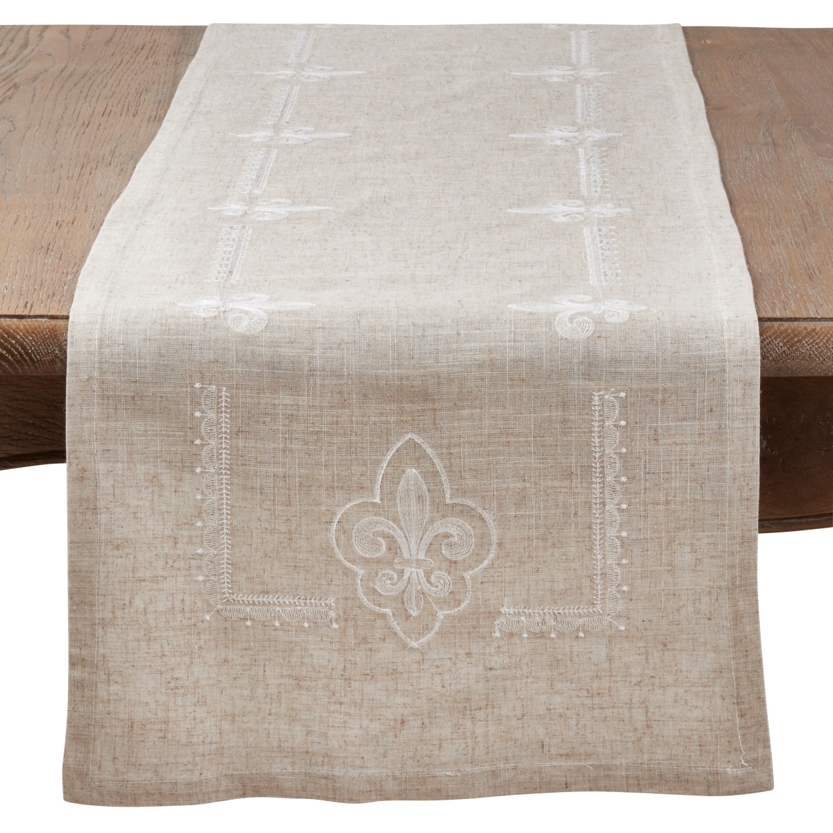 SARO  16 x 72 in. Rectangle Embroidered Runner with Fleur-de-Lis Design Table Runner - Natural