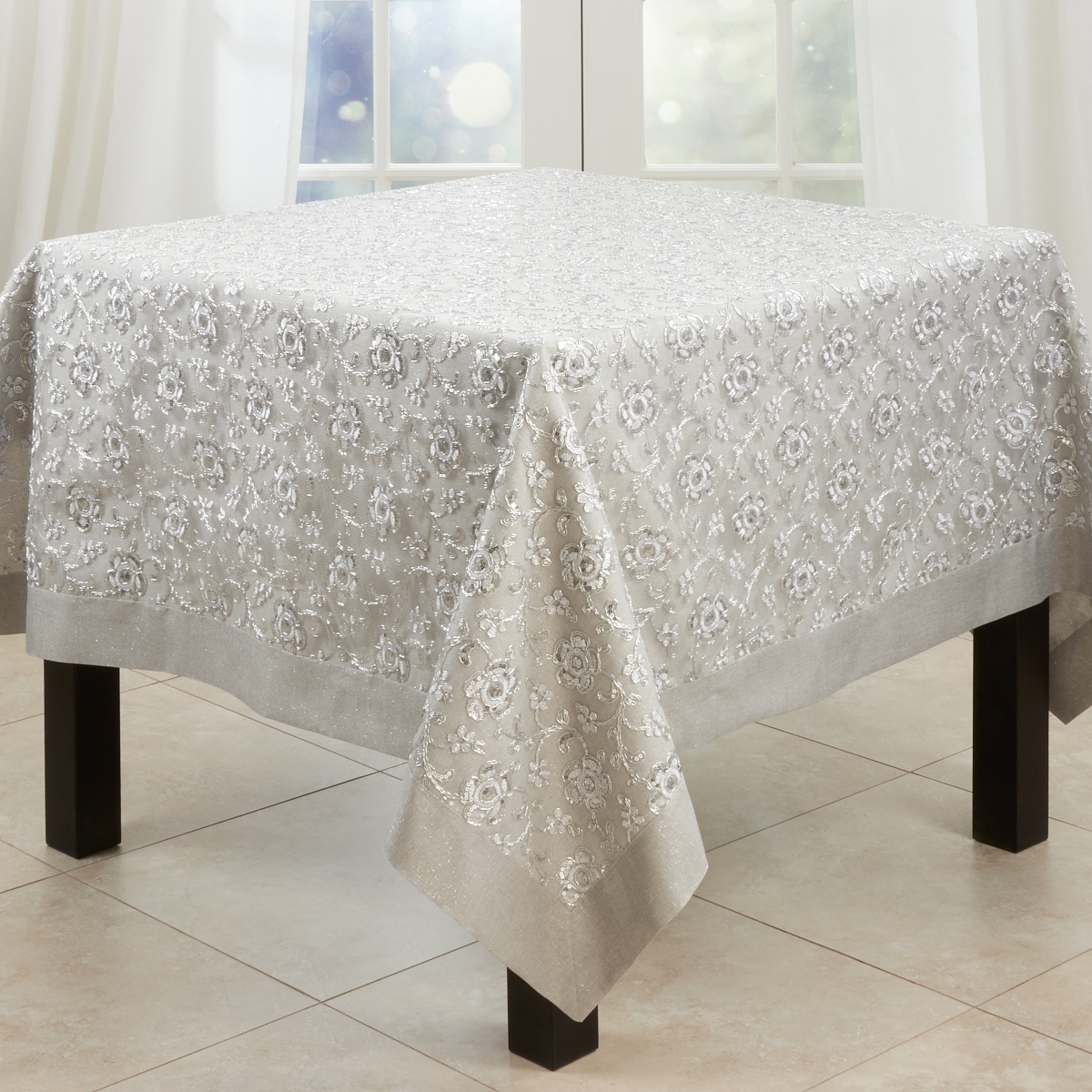 Picture of Saro Lifestyle 4019.S65S 65 in. Floral Embroidered Tablecloth, Silver Stripe