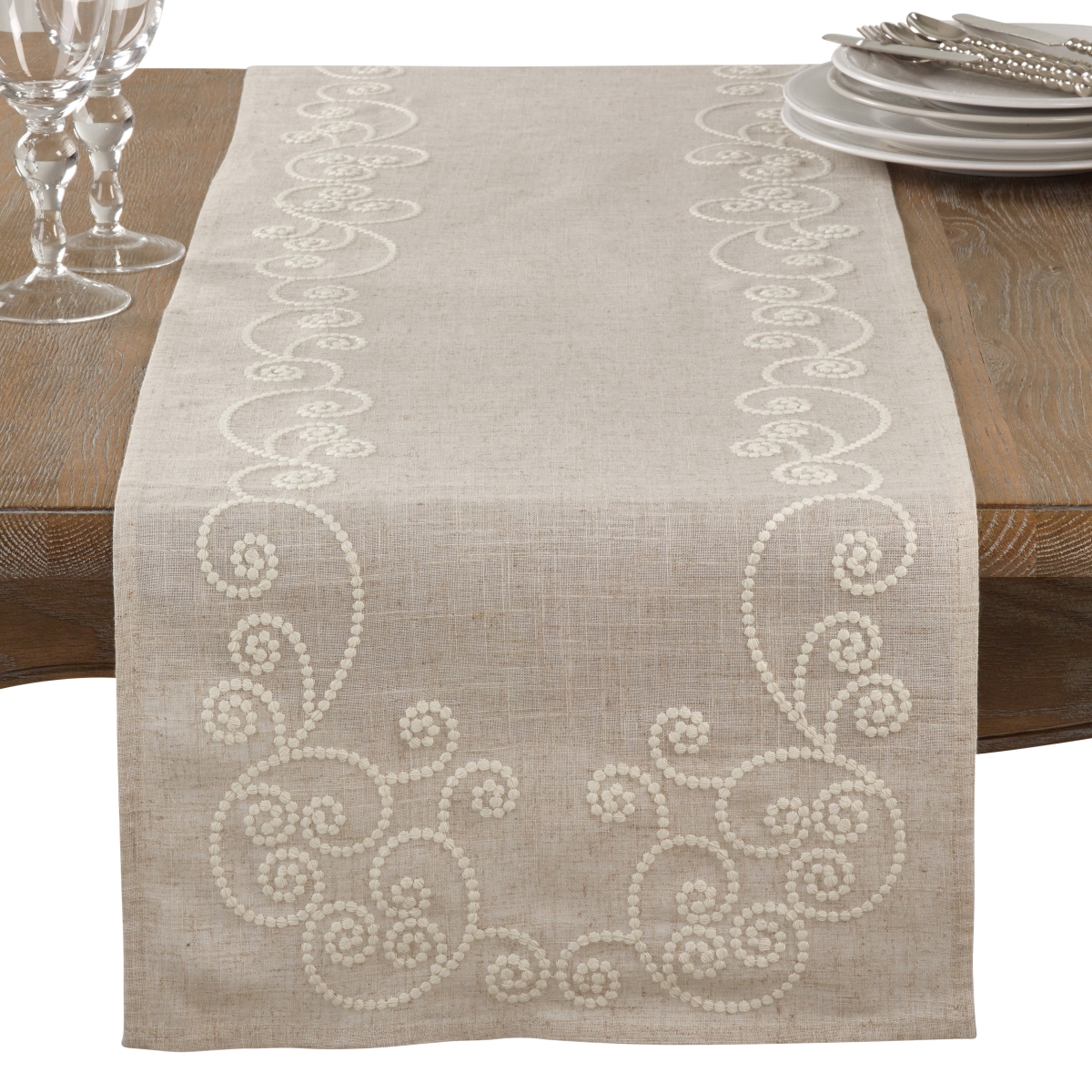 Picture of Saro Lifestyle 001.N1690B 16 x 90 in. Embroidered Swirl Design Linen Blend Table Runner, Natural