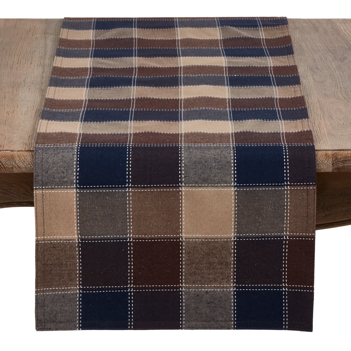 16 x 90 in. Cotton & Poly Blend Runner with Stitched Plaid Design, Brown