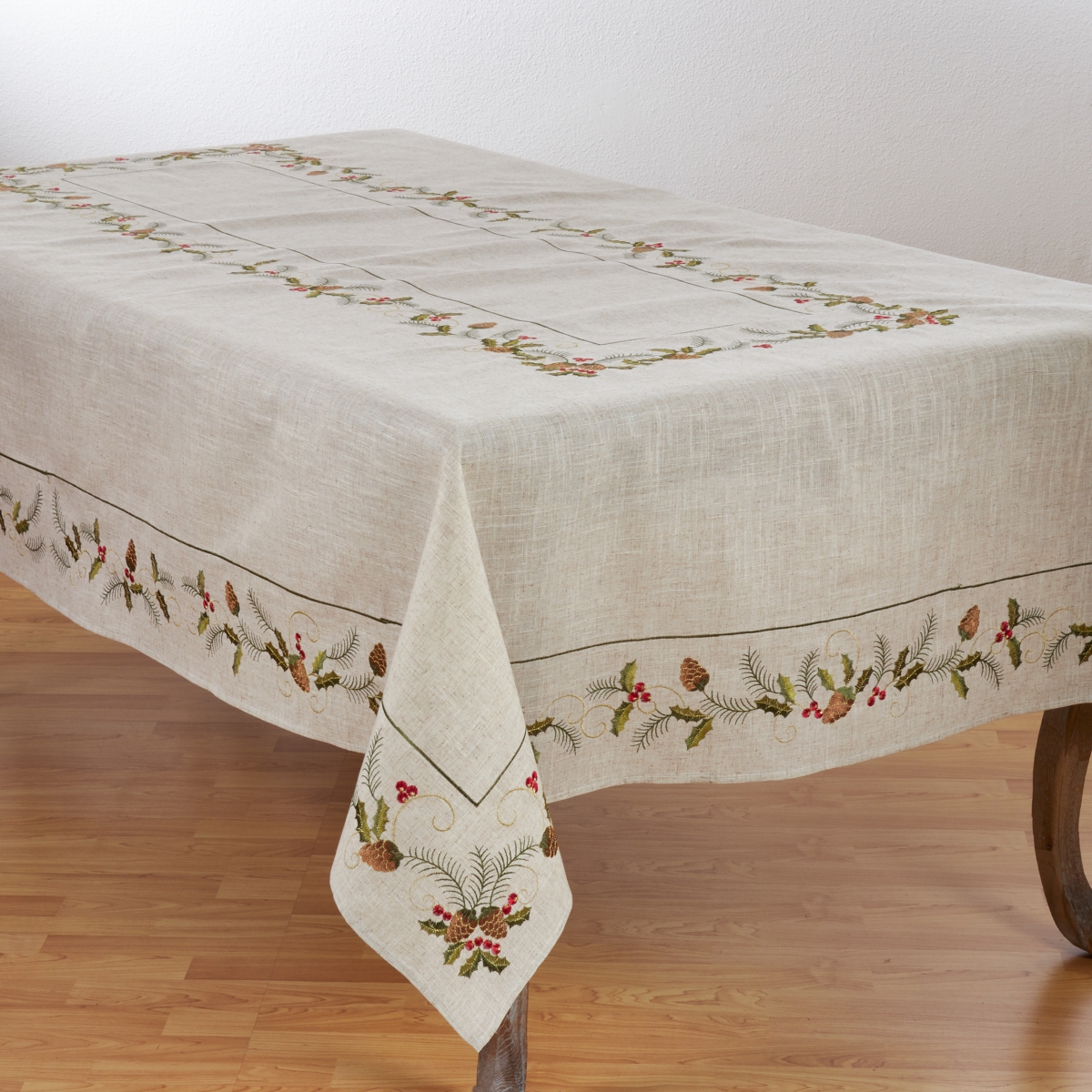 SARO  67 x 104 in. Rectangle Christmas Tablecloth with Beautiful Pinecone & Holly Print - Natural