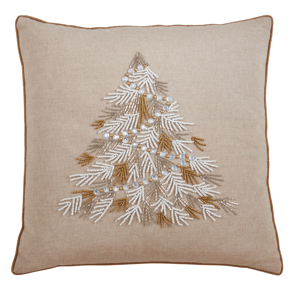 18 in. Beaded Christmas Tree Throw Pillow Cover, Gold