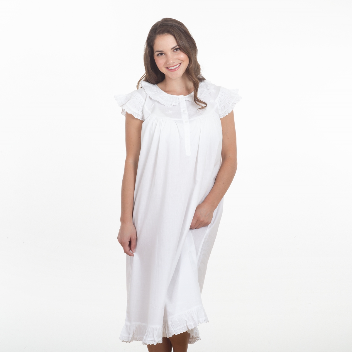 Caplet Sleeve Embroidered Nightgown, White - Extra Large