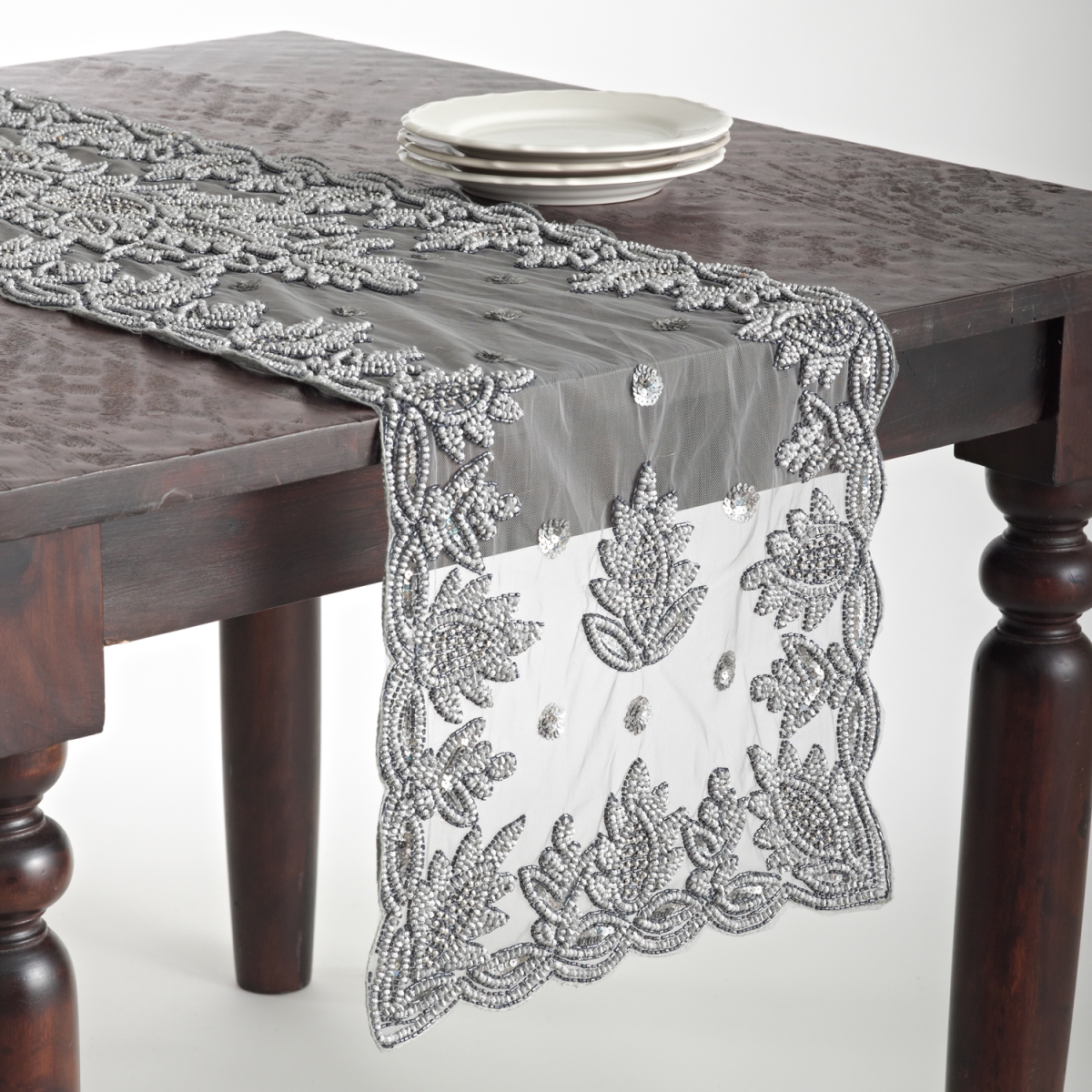 Picture of Saro Lifestyle BD835.PW1690B 16 x 90 in. Beaded Table Runner, Pewter