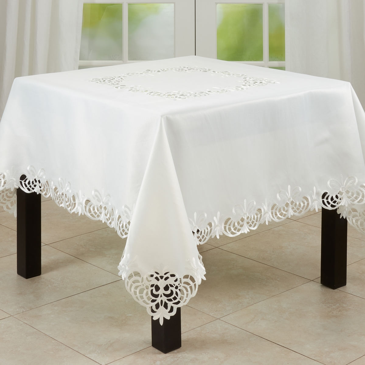 Picture of Saro Lifestyle 114.I70S 70 in. Cutwork Design Square Tablecloth, Ivory