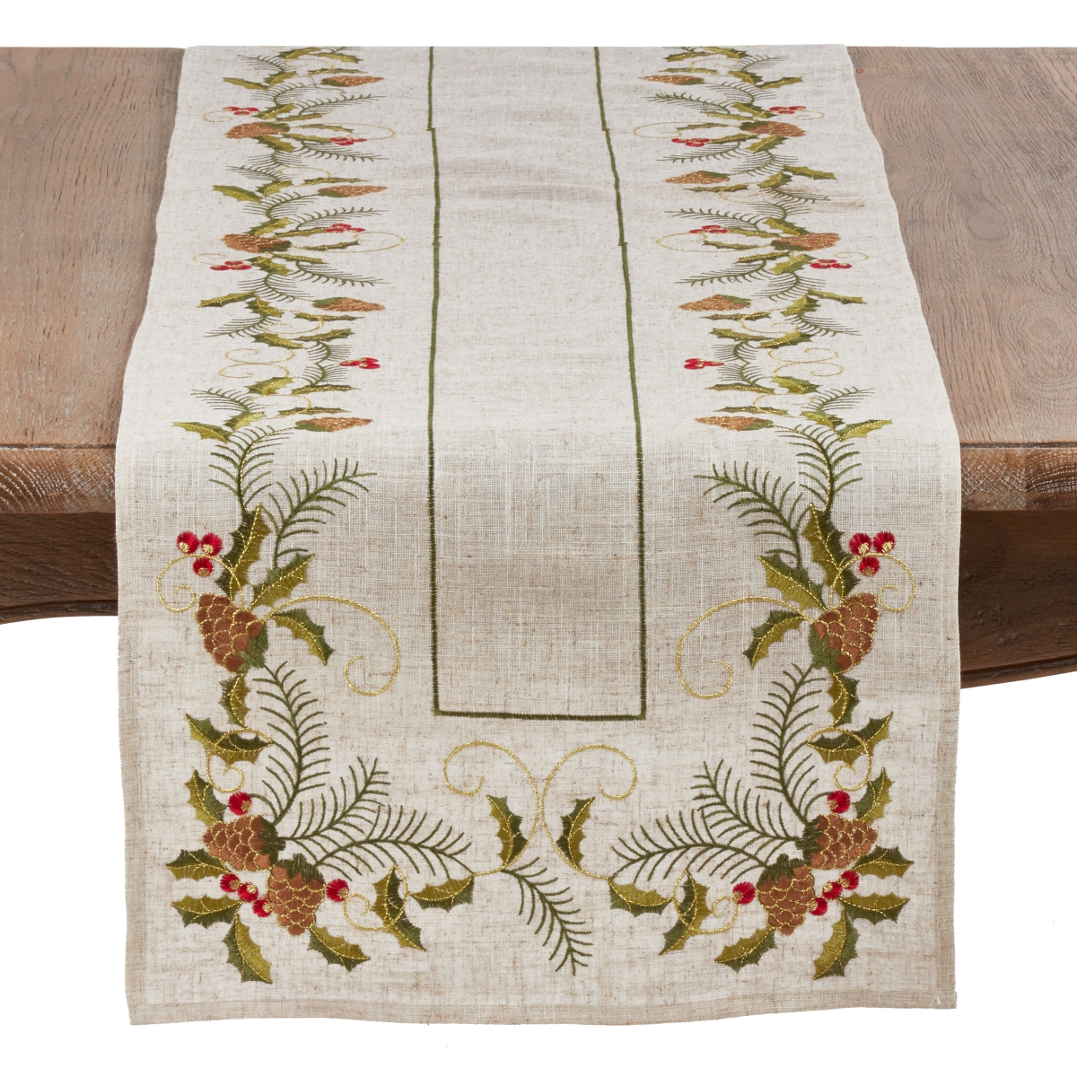 Picture of Saro Lifestyle 1851.N16108B 16 x 108 in. Embroidered Pinecone & Holly Table Runner, Natural