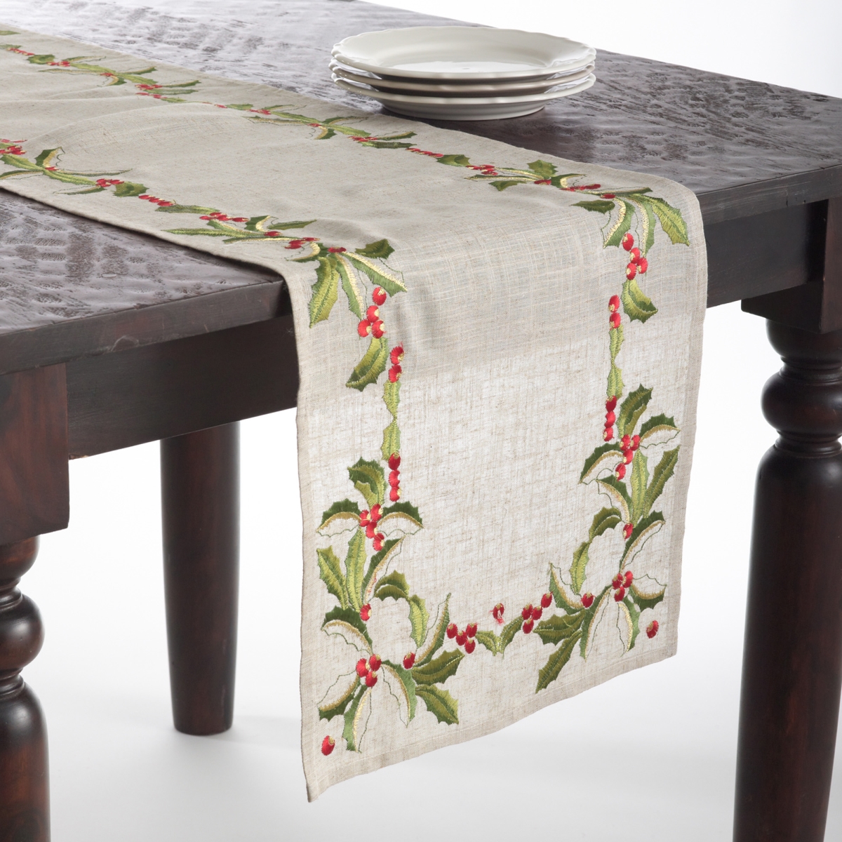 Picture of Saro Lifestyle QX653.N1690B 16 x 90 in. Embroidered Holly Design Table Runner, Natural