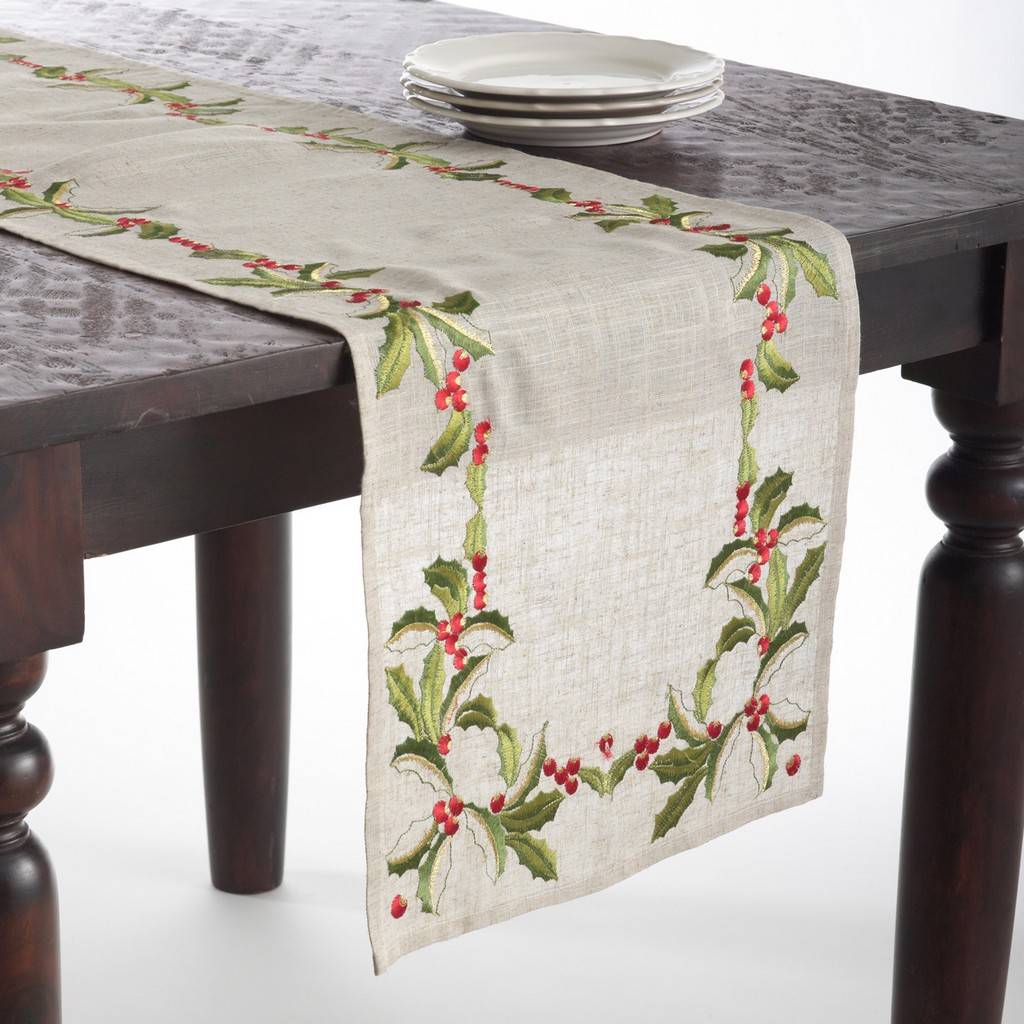 Picture of Saro Lifestyle QX653.N16108B 16 x 108 in. Embroidered Holly Design Table Runner, Natural