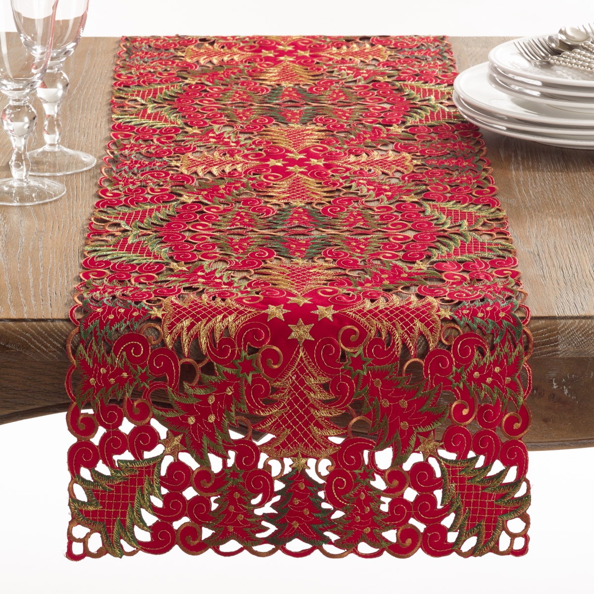 Picture of Saro Lifestyle QX296.R1690B 16 x 90 in. Christmas Tree Cutwork Table Runner, Red