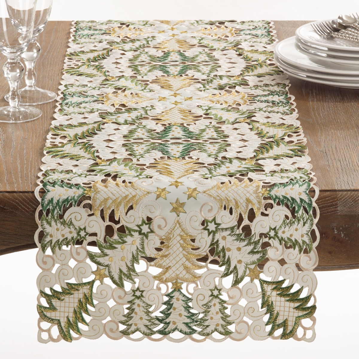 Picture of Saro Lifestyle QX296.W1690B 16 x 90 in. Christmas Tree Cutwork Table Runner, White