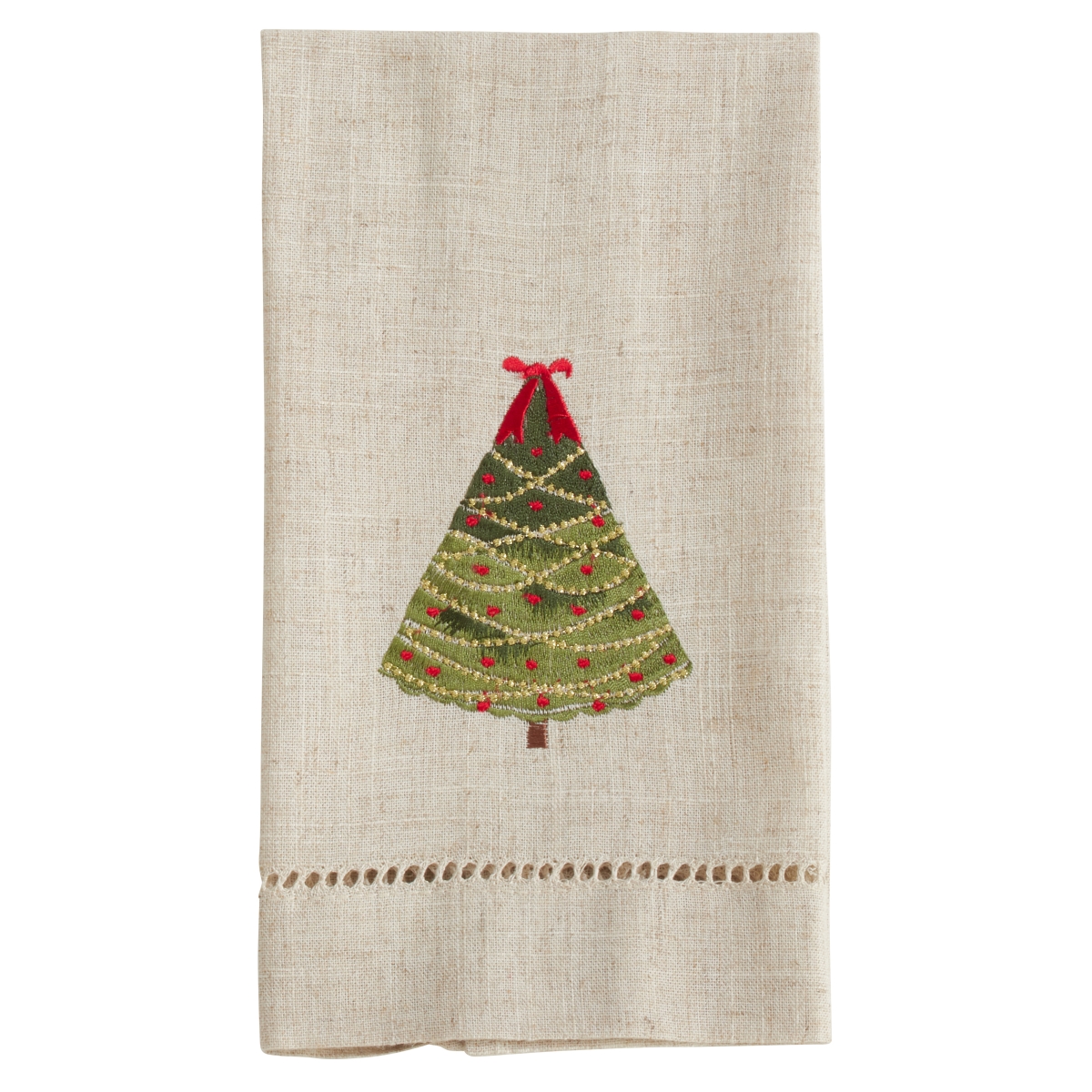 Picture of Saro Lifestyle XM757.N1422 14 x 22 in. Embroidered & Hemstitched Ribbon Christmas Tree Guest Towels, Natural - Set of 4