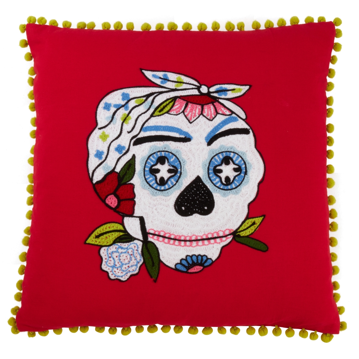 3146.R18SD 18 in. Sugar Skull Pom Pom Down Filled Pillow -  SARO Lifestyle