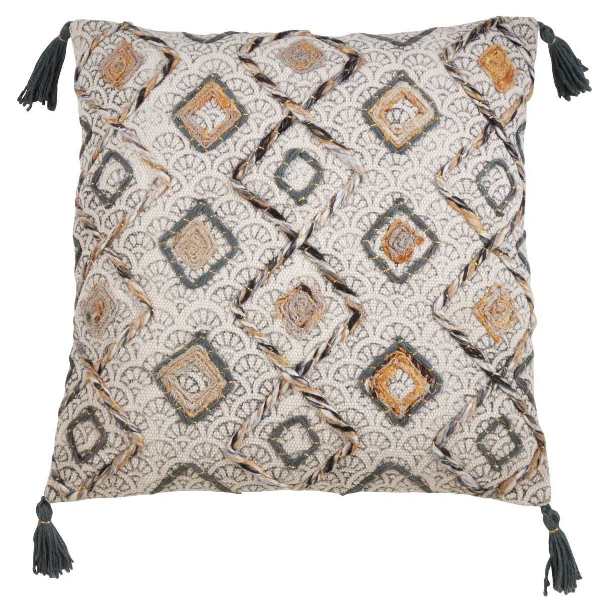 22 in. Block Print Embroidered Down Filled Pillow with Tasseled Corners