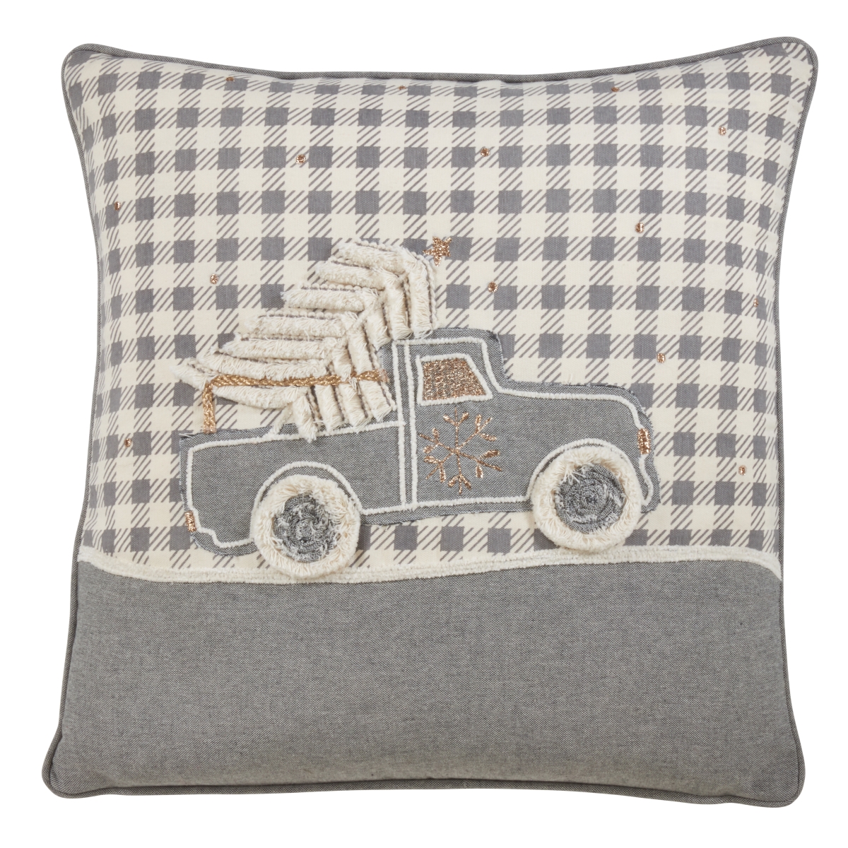 18 in. Plaid Christmas Truck Design Down Filled Pillow, Gray