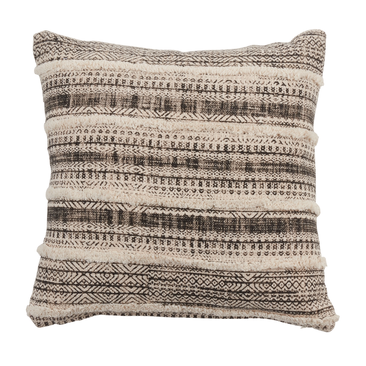 18 in. Tufted Block Print Throw Pillow with Down Filling, Ivory