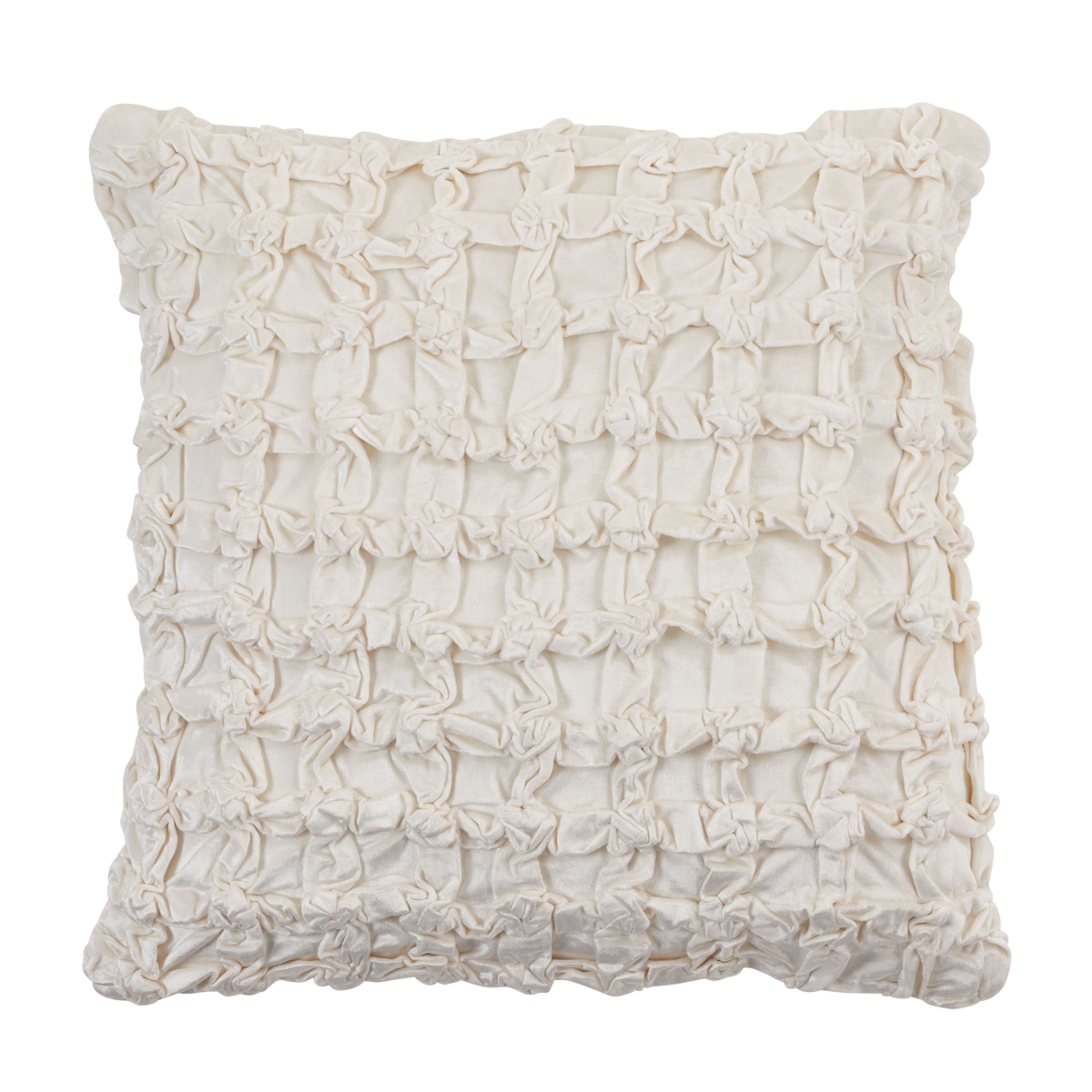 20 in. Smocked Velvet Throw Pillow with Down Filling, Ivory