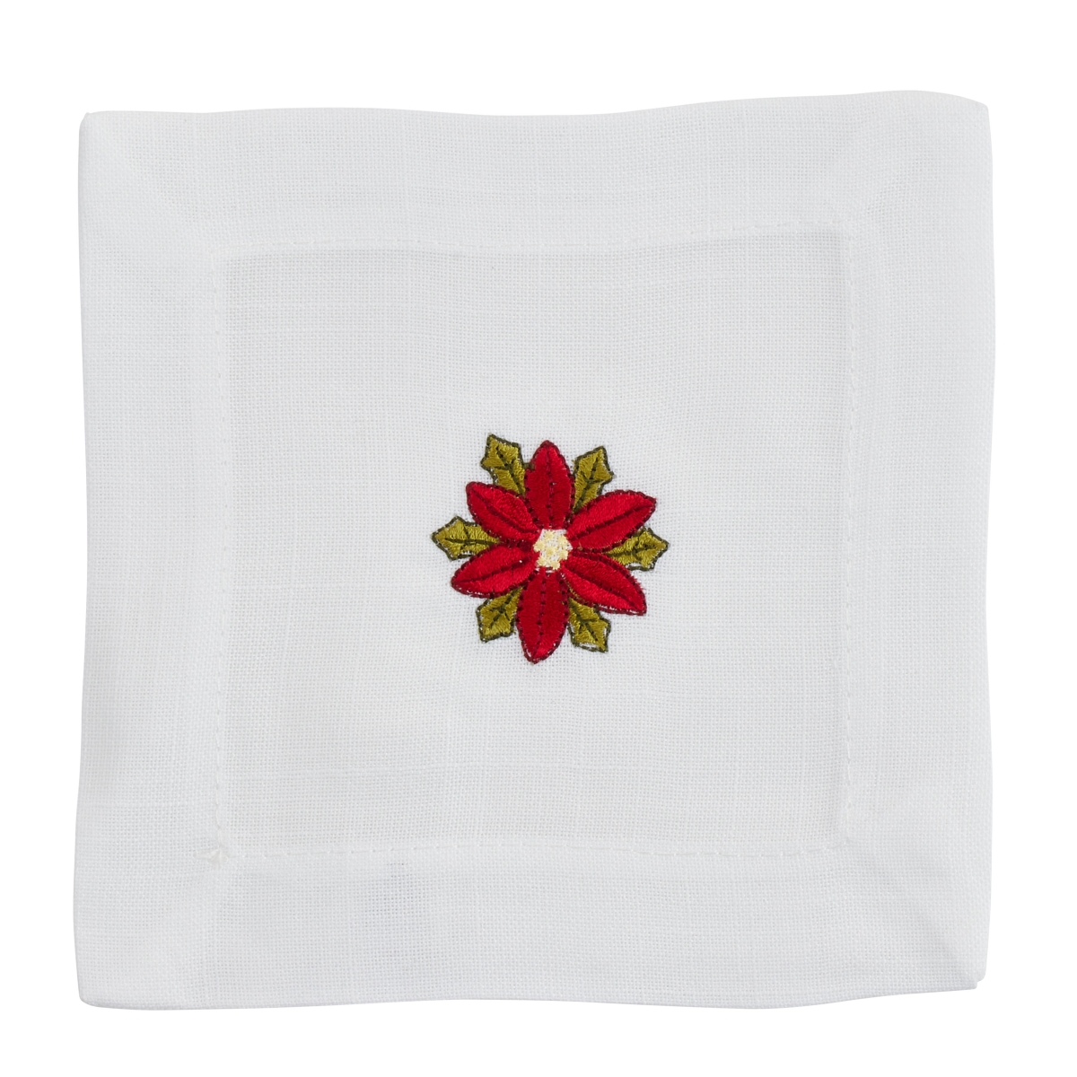 YP130.W6S 6 in. Embroidered Poinsettia Cocktail Napkins, White - Set of 12