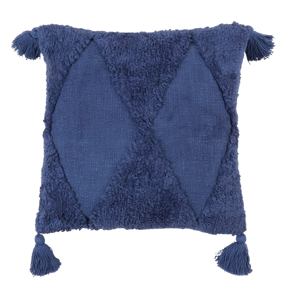 18 in. Tufted Diamond Tassel Throw Pillow with Poly Filling, Navy Blue