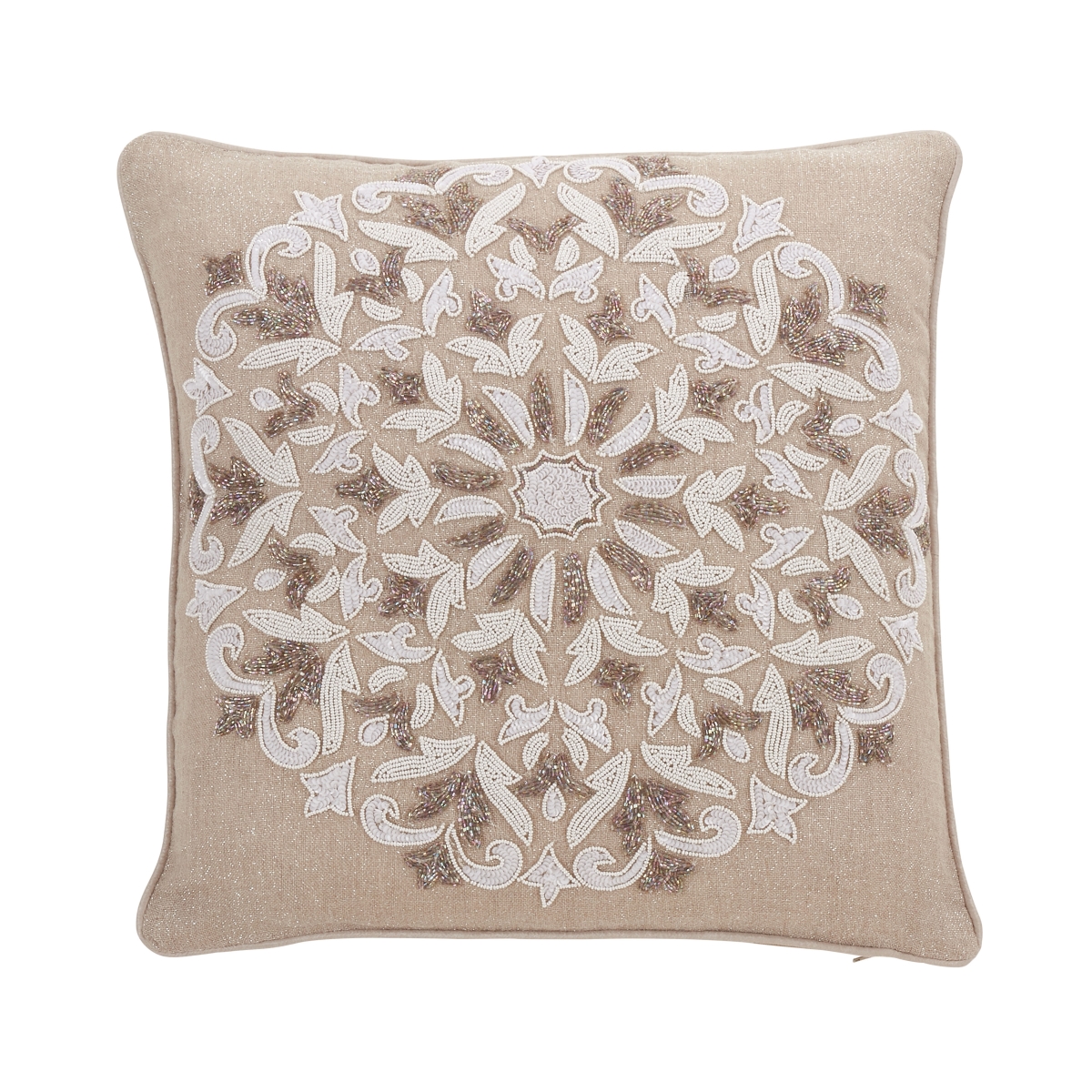 18 in. Beaded & Embroidered Throw Pillow with Poly Filling, Natural