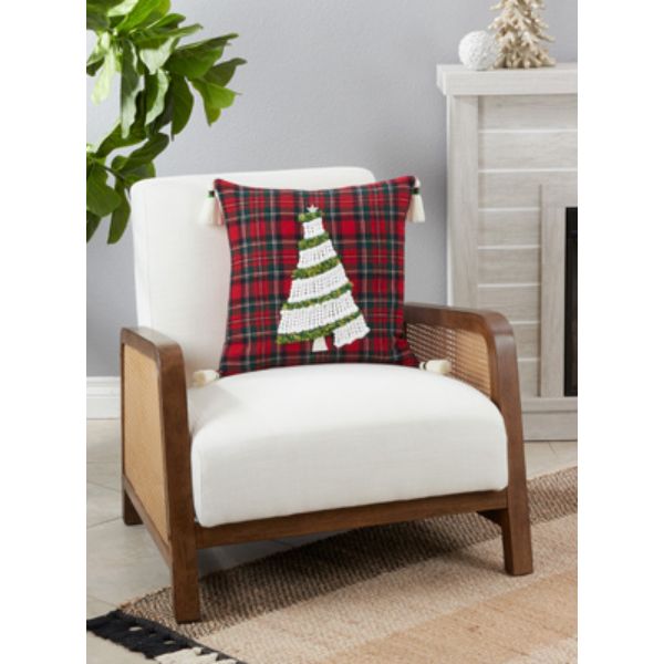 18 in. Plaid Christmas Tree Pillow Cover, Red