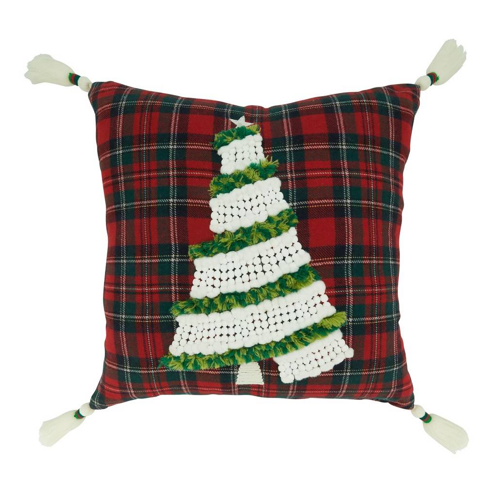 18 in. Plaid Christmas Tree Throw Pillow with Poly Filling, Red