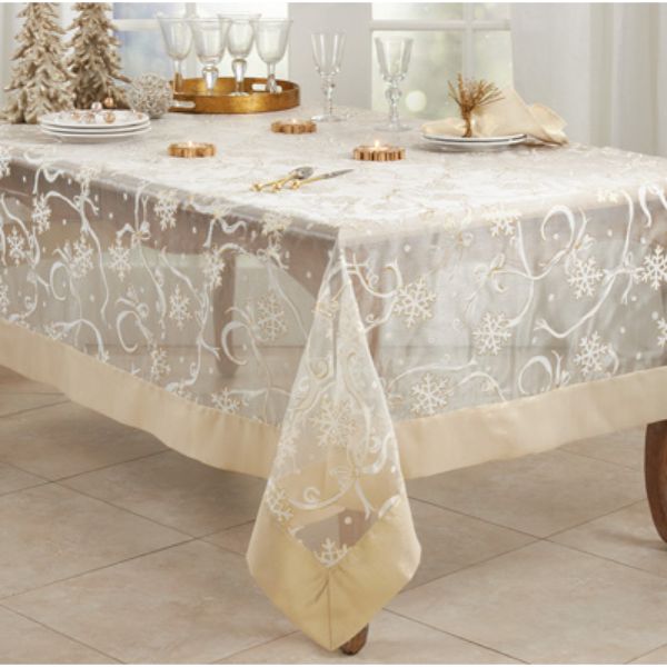 Picture of Saro Lifestyle XJ366.GL65104B 65 x 104 in. Printed Snowflake & Ribbon Tablecloth&#44; Gold