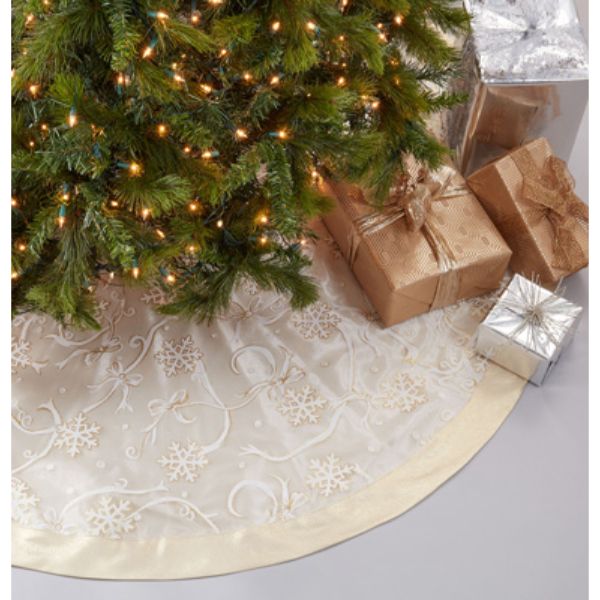 52 in. Round Printed Snowflake & Ribbon Tree Skirt, Gold