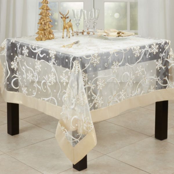 Picture of Saro Lifestyle XJ366.GL60S 60 in. Printed Snowflake & Ribbon Tablecloth&#44; Gold