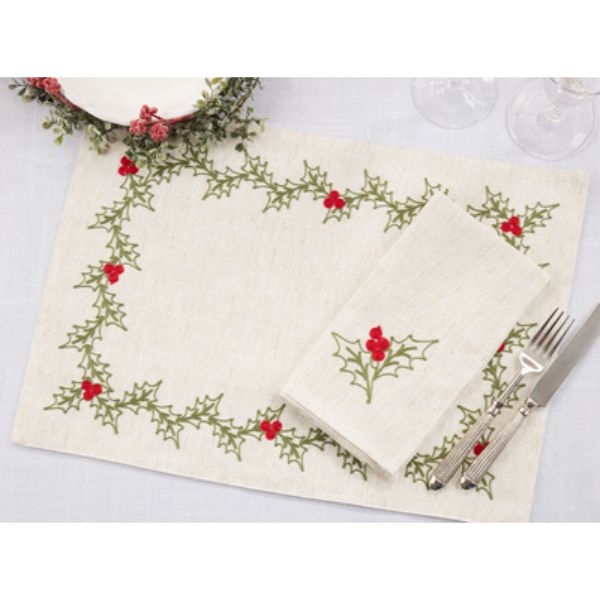 Picture of Saro Lifestyle 8076.N 14 x 20, 20 x 20 in. Embroidered Holly Placemat & Napkin Set (4 Placemats + 4 Napkins)