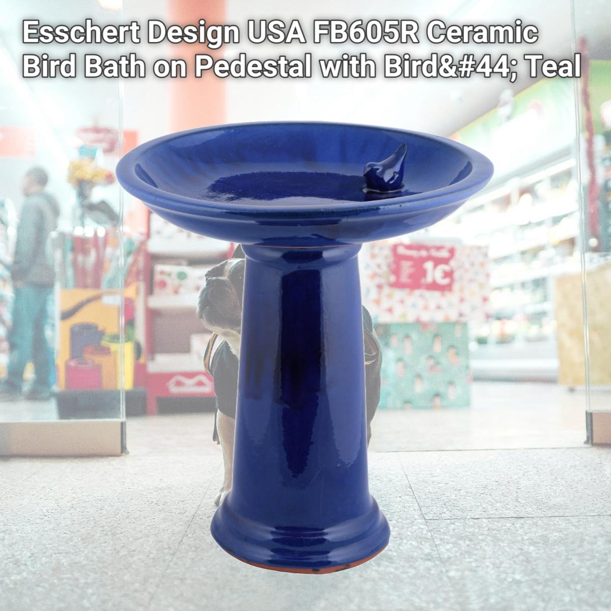 Picture of Esschert Design USA FB605R Ceramic Bird Bath on Pedestal with Bird&#44; Teal 