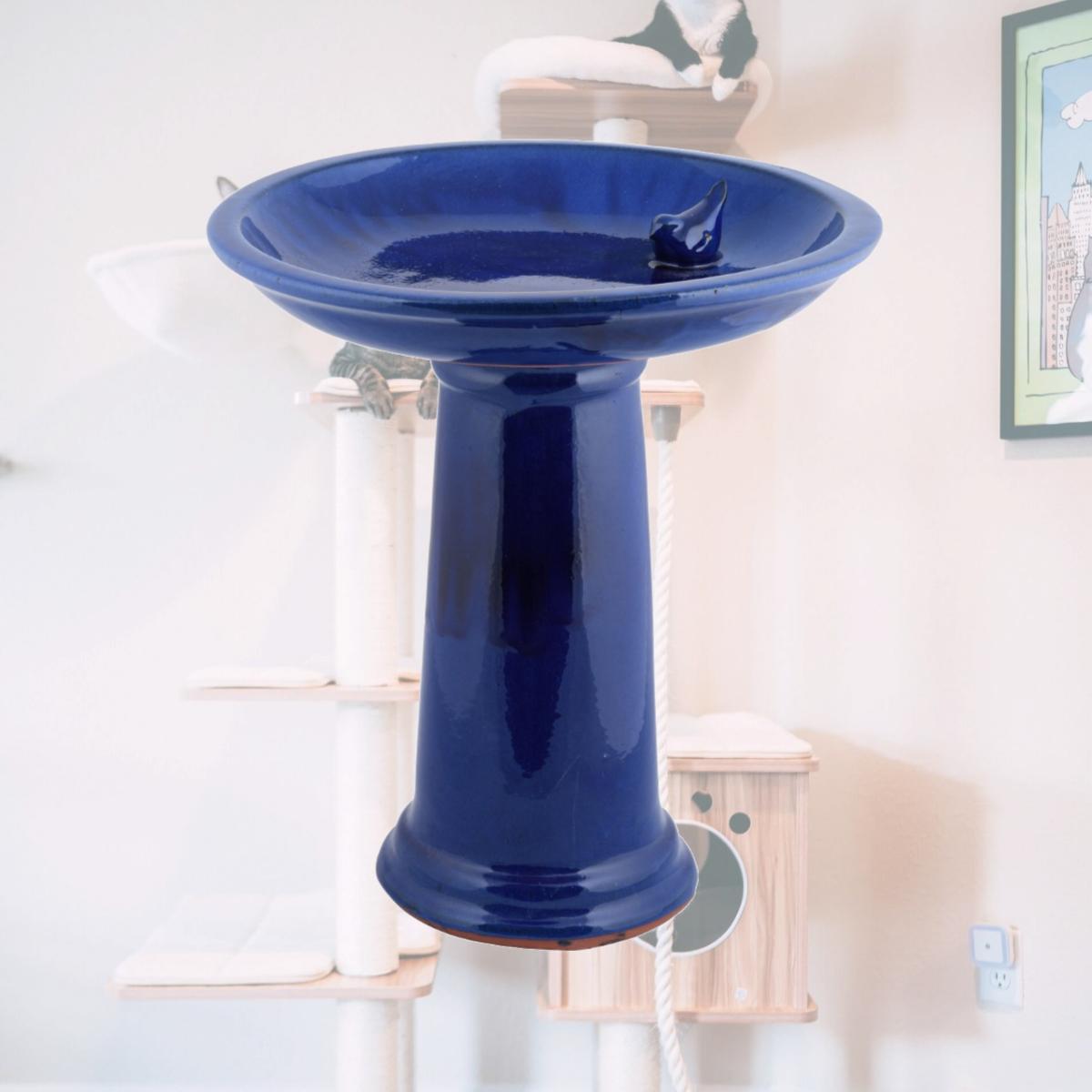 Picture of Esschert Design USA FB605R Ceramic Bird Bath on Pedestal with Bird&#44; Teal 