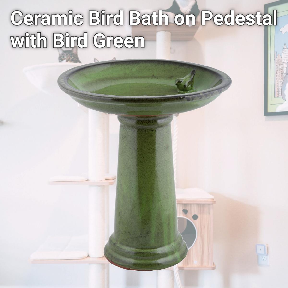 Picture of Esschert Design USA FB424 Ceramic Bird Bath on Pedestal with Bird&#44; Green