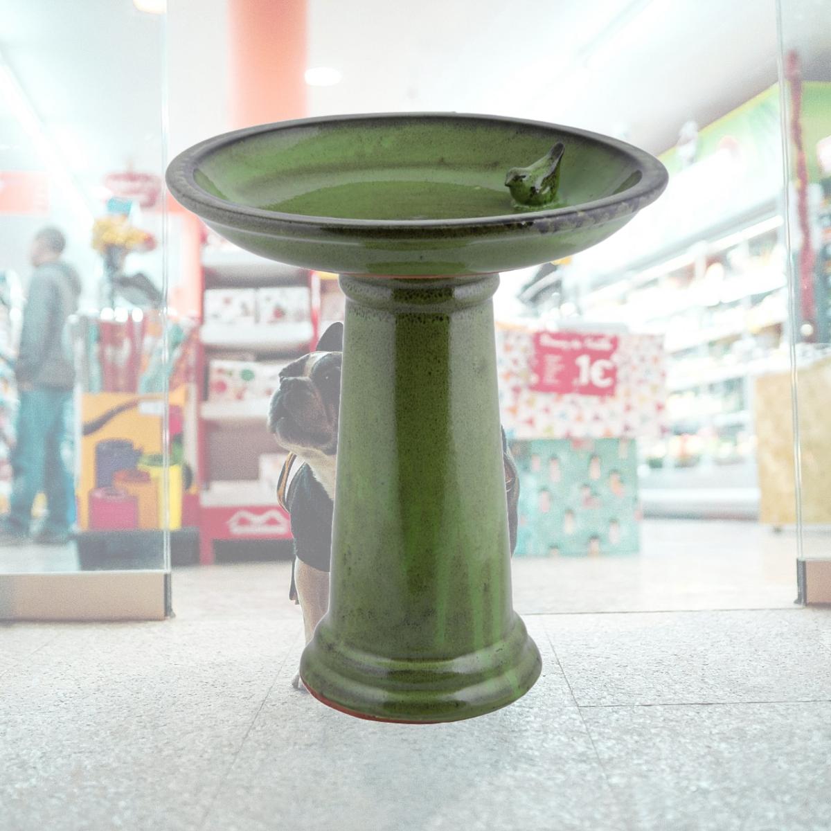 Picture of Esschert Design USA FB424 Ceramic Bird Bath on Pedestal with Bird&#44; Green