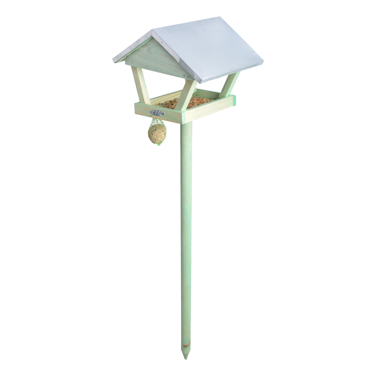 Picture of Esschert Design FB72 Bird Feeder with Galvanized Roof on Stake, Light Green - Wood
