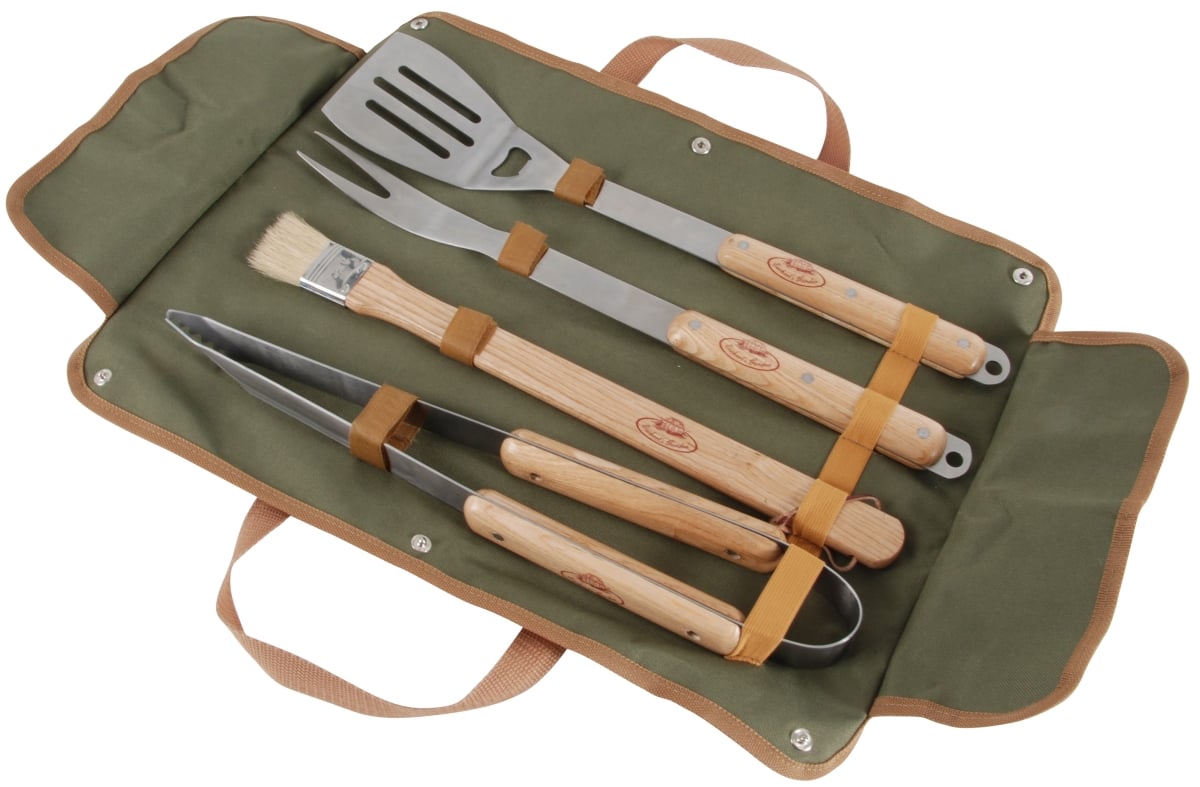 Barbecue Tool Kit in Canvas Bag, Stainless Steel & Wood