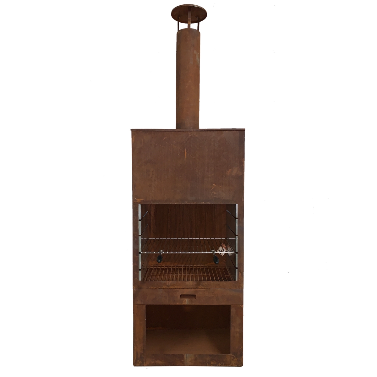 Wide Terrace Heater with Grill & Wood Storage, Rust Finish