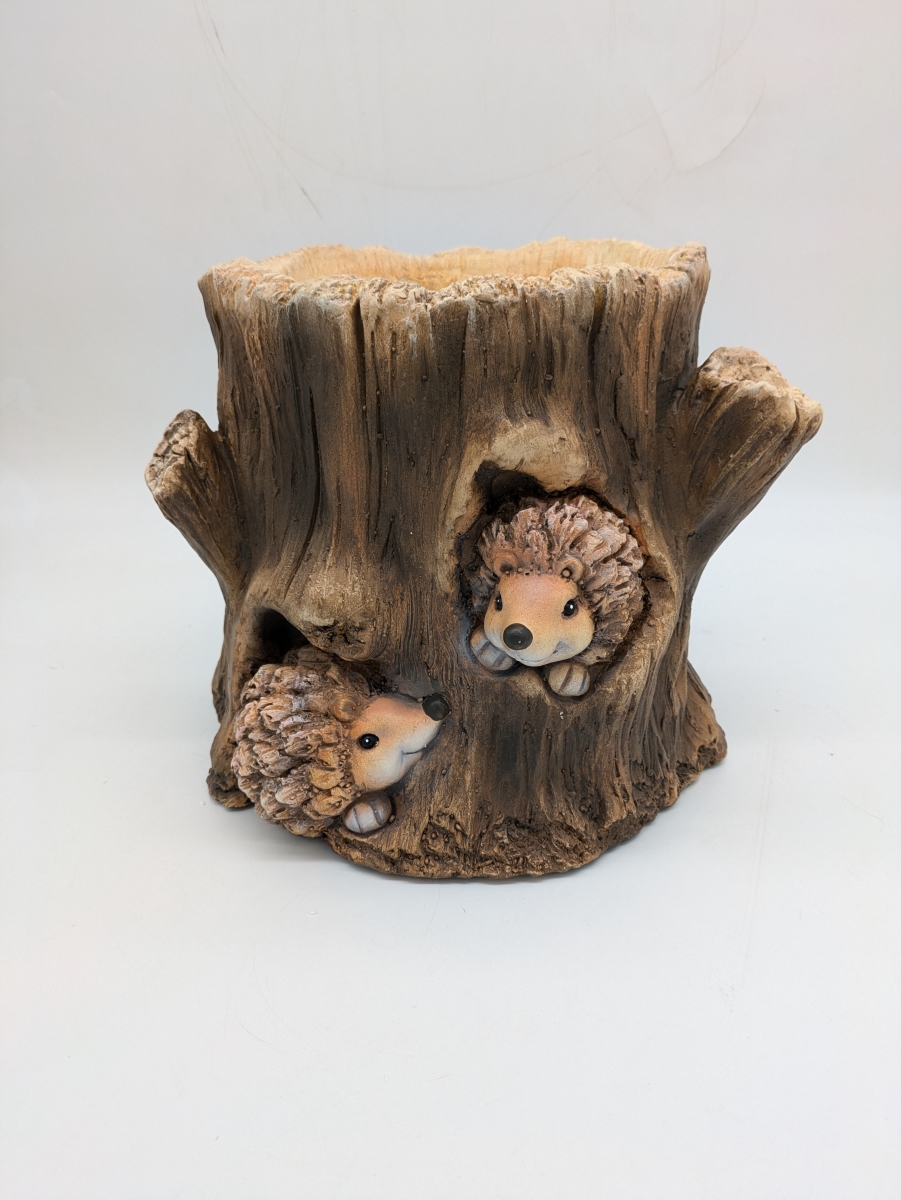 USPL018 Faux Wood Double Hedgehog in Log Planter
