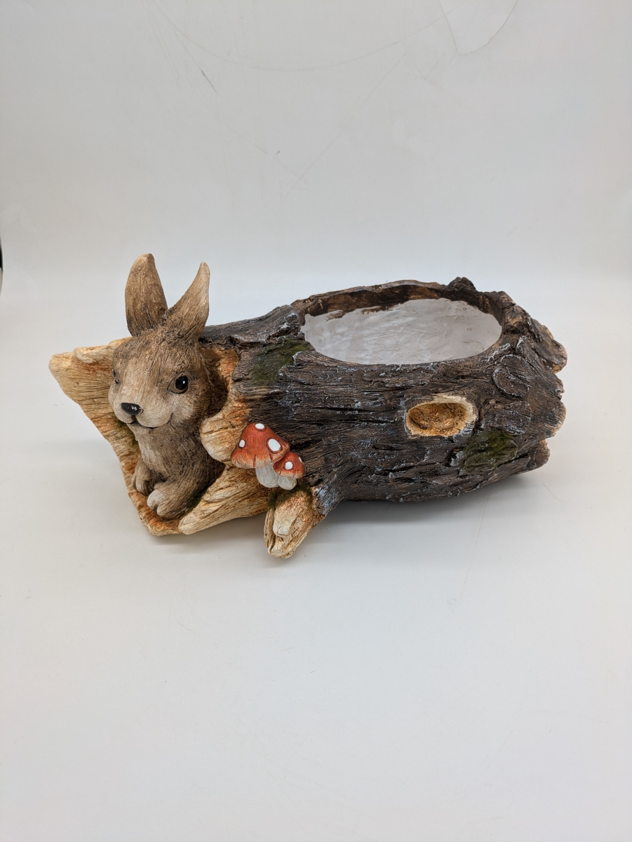 USPL020 Faux Wood Bunny in Log Planter