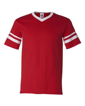 V-Neck Jersey with Striped Sleeves, Red & White - 3XL