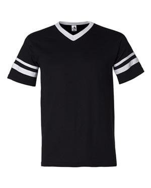B06334508 V-Neck Jersey with Striped Sleeves, Black & White - 3XL